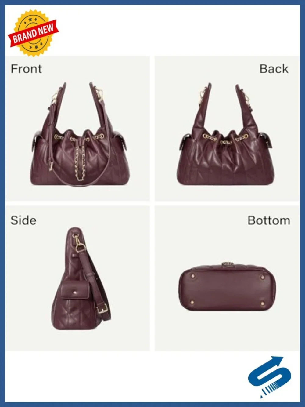 Quilted Vegan Leather Hobo Handbag with Adjustable Strap